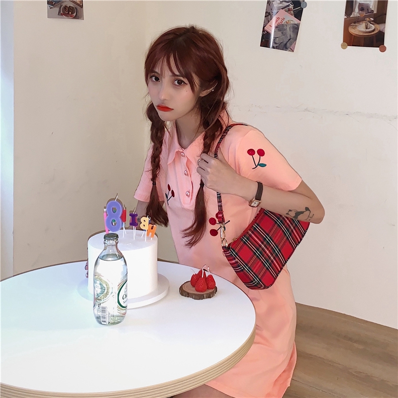 SUXI New Korean Embroidery Cherry Short Sleeve Women Polo Collar Shirt Dress
