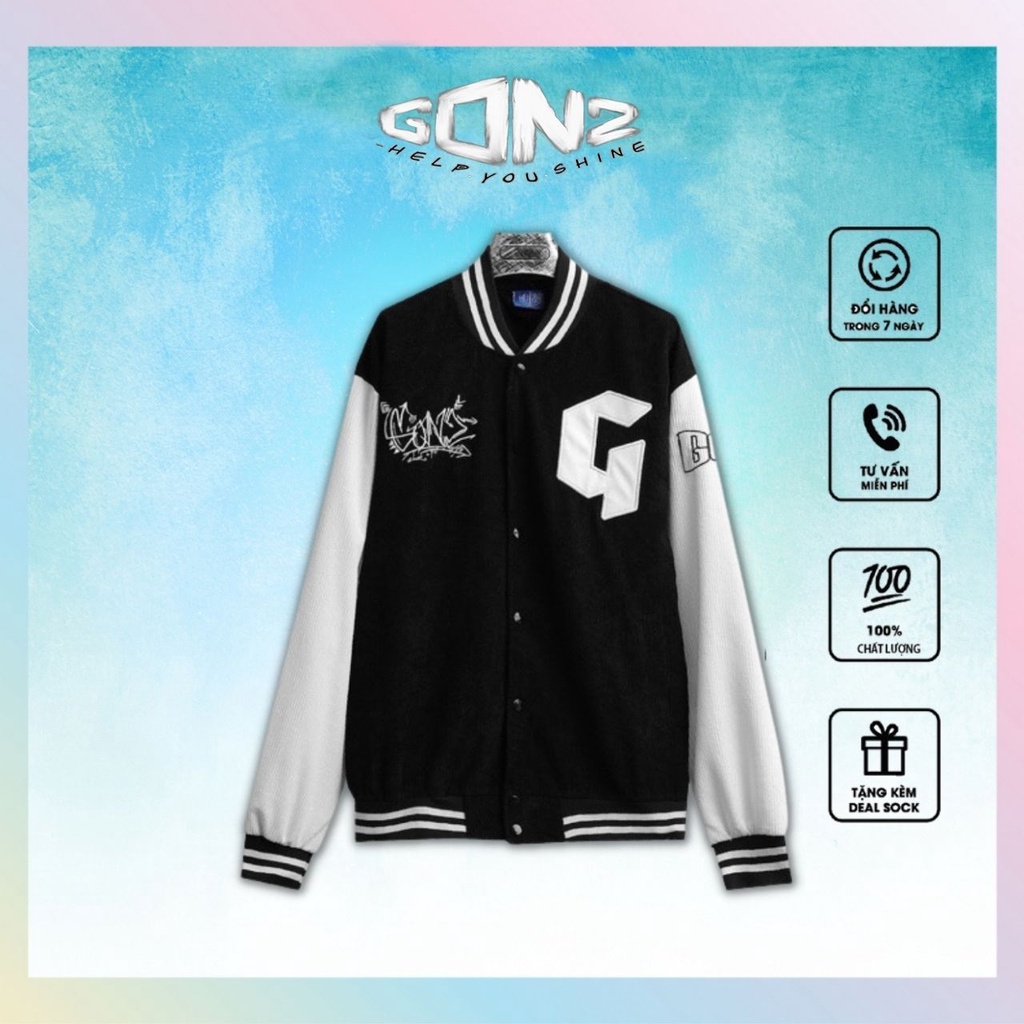 Áo khoác Bomber, Varsity jacket Gonz Black Graffiti V3 nam nữ nỉ nhung Form rộng,Áo khoác bomber 2 lớp Gonz