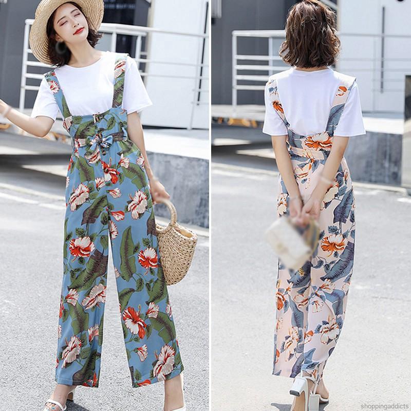 Jumpsuit Ống Rộng Lưng Cao In Hoa Thanh Lịch Cho Nữ