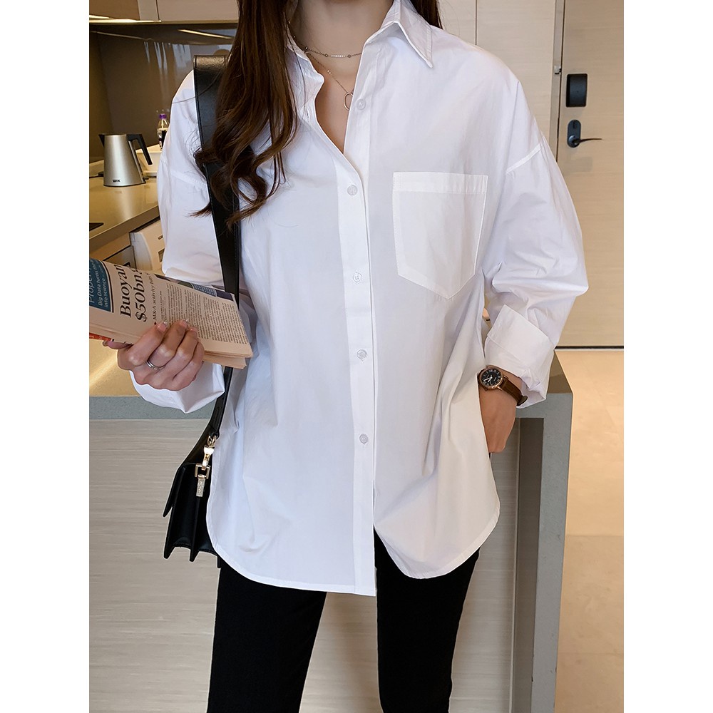 Sơ mi nữ trơn trắng đen Unisex GURI Áo sơ mi trắng dài tay nữ