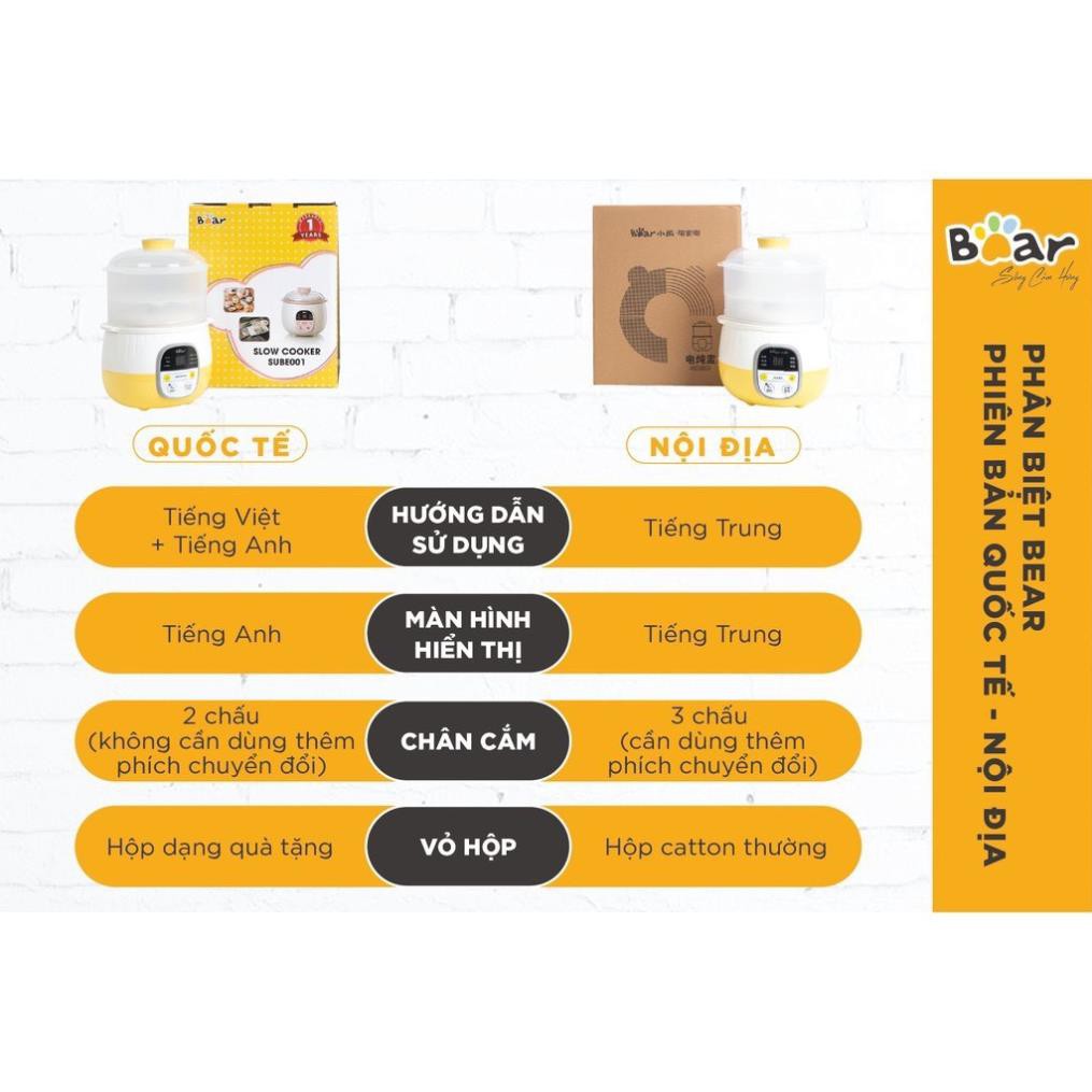 (CAM KẾT CHÍNH HÃNG - PHIÊN BẢN QUỐC TẾ BH 1 NĂM) NỒI BEAR 0,8L NẤU CHÁO ĂN DẶM, NINH, HẦM, CHƯNG YẾN CÁCH THUỶ 4 IN 1