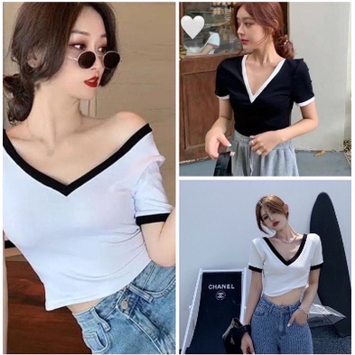 [MÃ TH6739 GIẢM 20% TỐI ĐA 30K ĐƠN TỐI THIỂU 500K]Áo Croptop trễ vai Cổ V Phối Màu