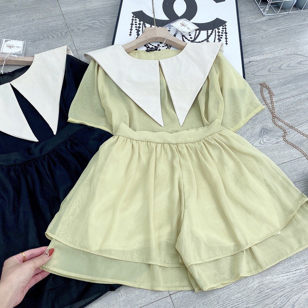 Set áo cổ piter mix quần short tơ xòe BN159