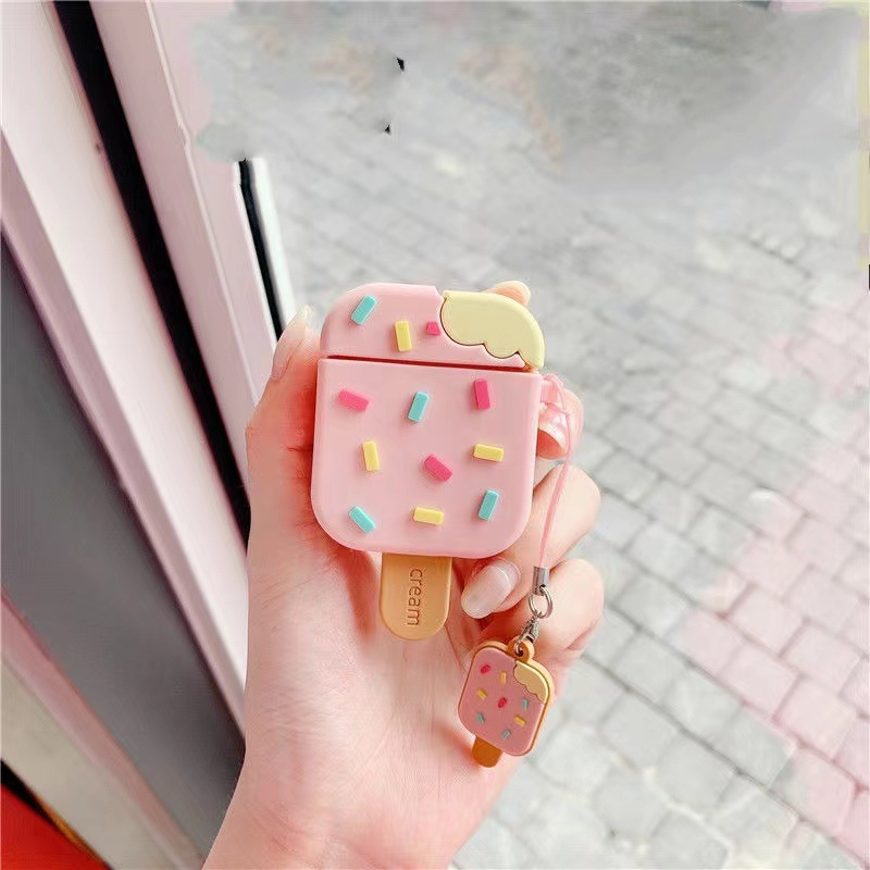 Vỏ Bảo Vệ Hộp Sạc Tai Nghe Airpods 3/1/2 pro bluetooth Không Dây Chất Liệu Silicon Mềm Hình Cây Kem Hoạt Hình 3D