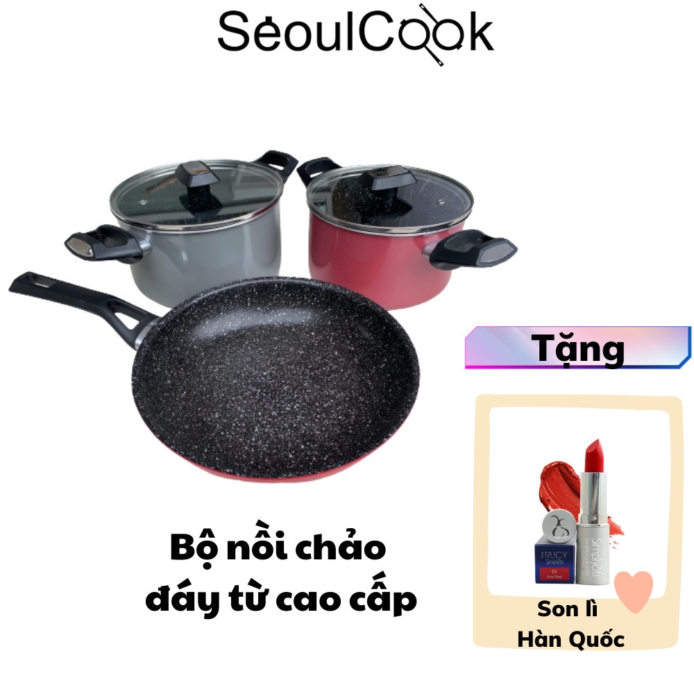 Tặng son lì Hàn Quốc - Bộ nồi chảo đáy từ 3 món Easy Seoulcook gồm 2 nồi 18-20cm, 1 chảo 24cm