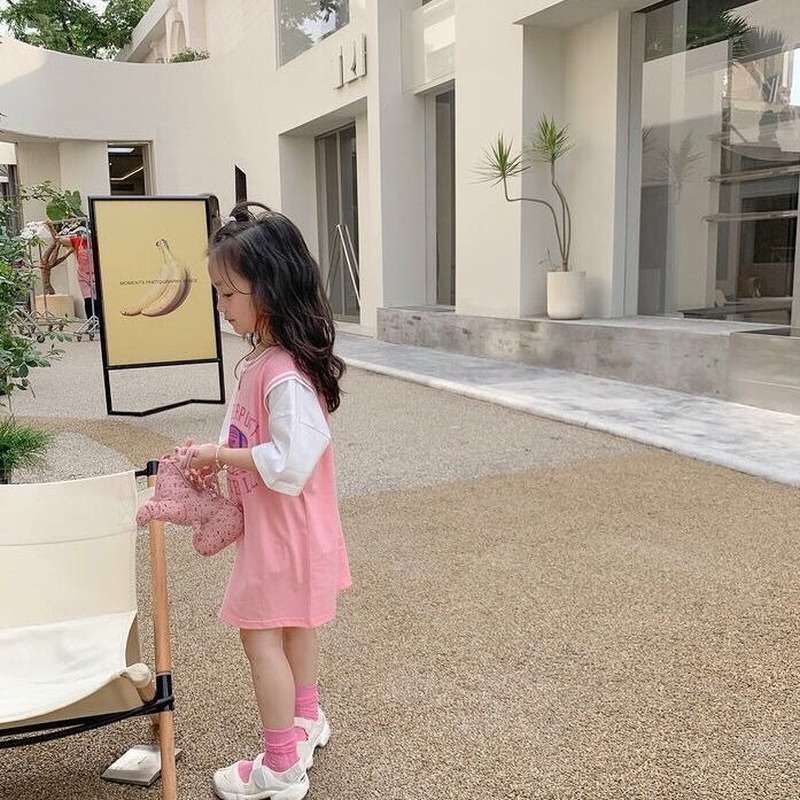 Đầm Cotton Giả Hai Lớp Tay Ngắn In Chữ Phong Cách Hàn Quốc Thời Trang Mùa Hè Hàng Mới Cho Bé Gái