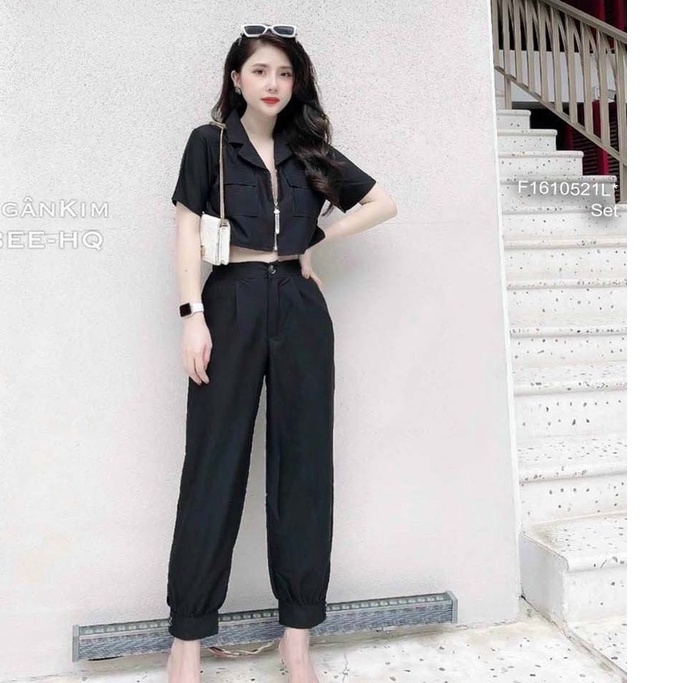 Set áo croptop kéo khóa cổ vest phối túi hộp hai bên tay ngắn kèm quần!