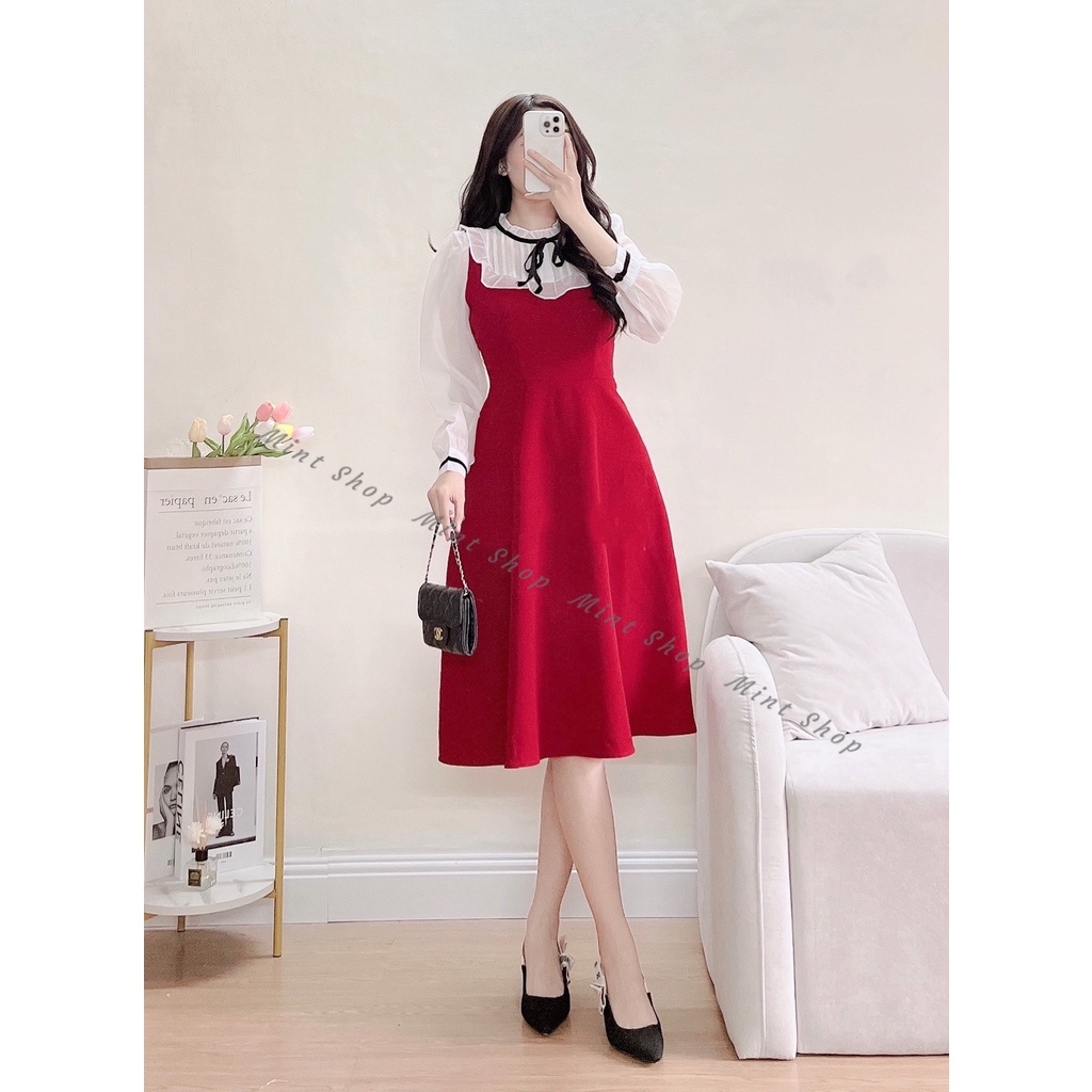 Váy thiết kế phối đen- trắng, đỏ trắng tay voan cổ bèo nơ kiểu dáng tiểu thư sang trọng | BigBuy360 - bigbuy360.vn