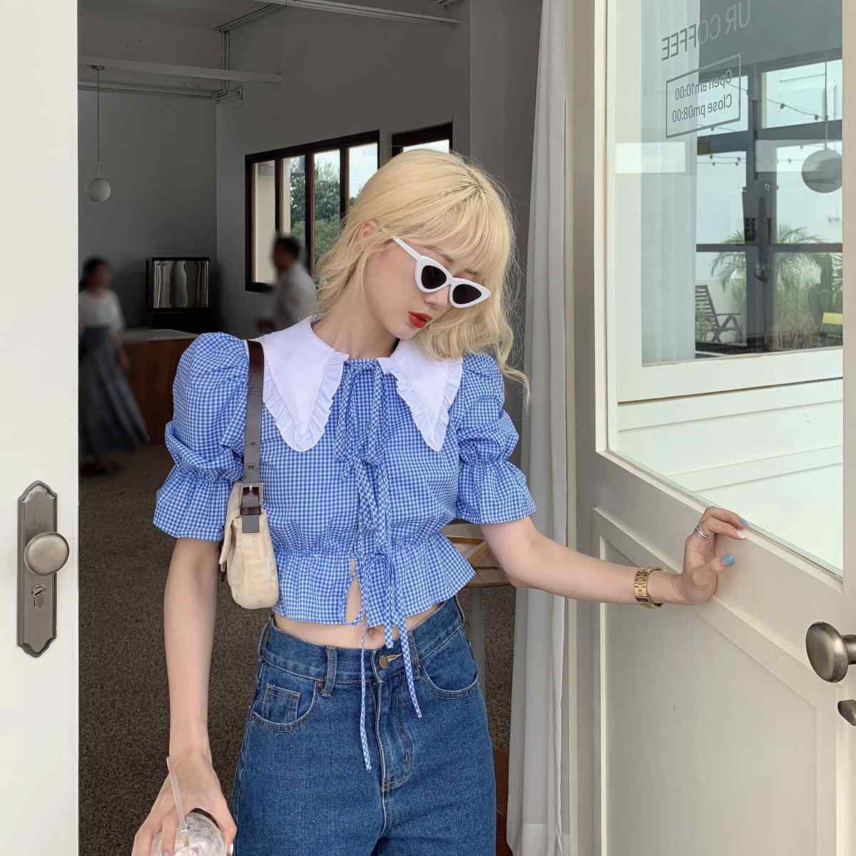 Croptop 2021 summer new style Korean doll collar short shirt women retro plaid shirt fashion