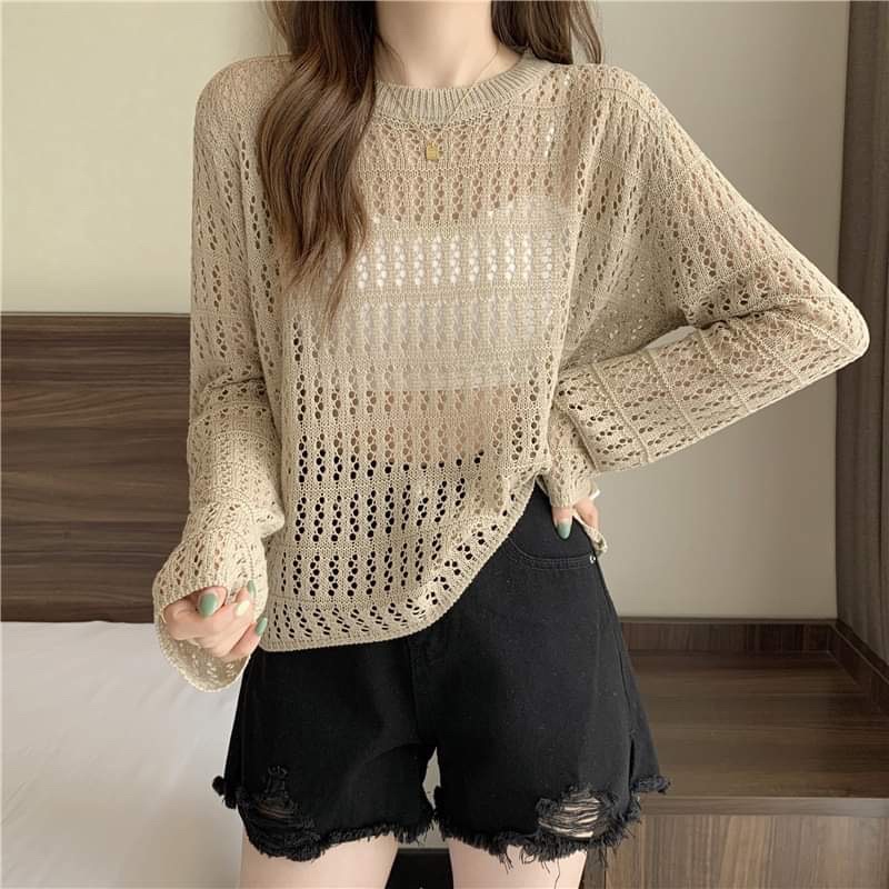 Áo lưới đan cổ tròn tay dài