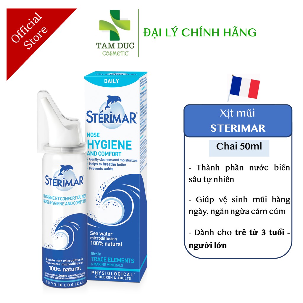 Xịt Mũi STERIMAR [Chai 50ml] - Nước Biển Sâu Vệ Sinh Mũi - Dùng cho trẻ từ 3 tuổi - người lớn (sterima / xịt mũi cá heo)