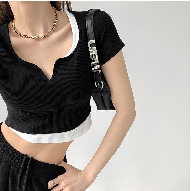 Áo Thun Croptop Ngắn Tay Giả Hai Lớp Thiết Kế Thời Trang Cho Nữ