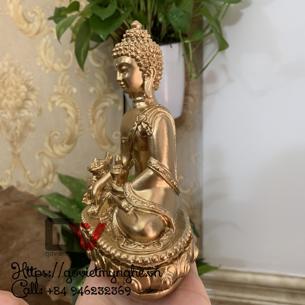 Tượng đá trang trí Phật Dược Sư Lưu Lý Quang ngồi trên đài sen - Chiều cao 16cm - Màu nhũ đồng