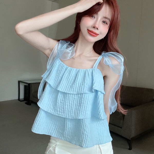 Áo Voan Hai Dây Thắt Nơ Đáng Yêu Thời Trang Mùa Hè Cho Nữ