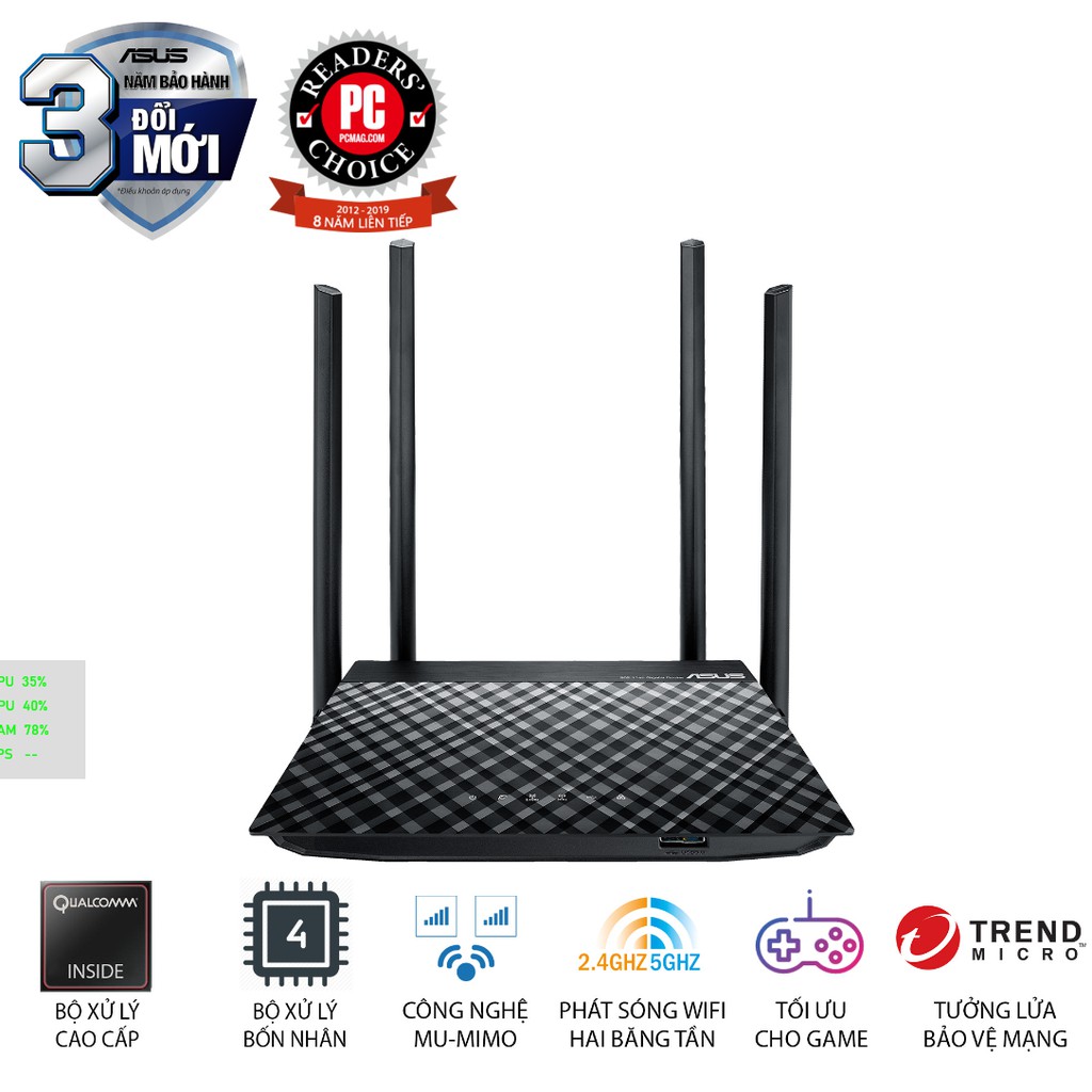 Router wifi ASUS RT-AC1300UHP (Dũng Sĩ Xuyên Tường) AC1300 MU-MIMO, 2 Băng Tần, AiProtection, USB 3.0