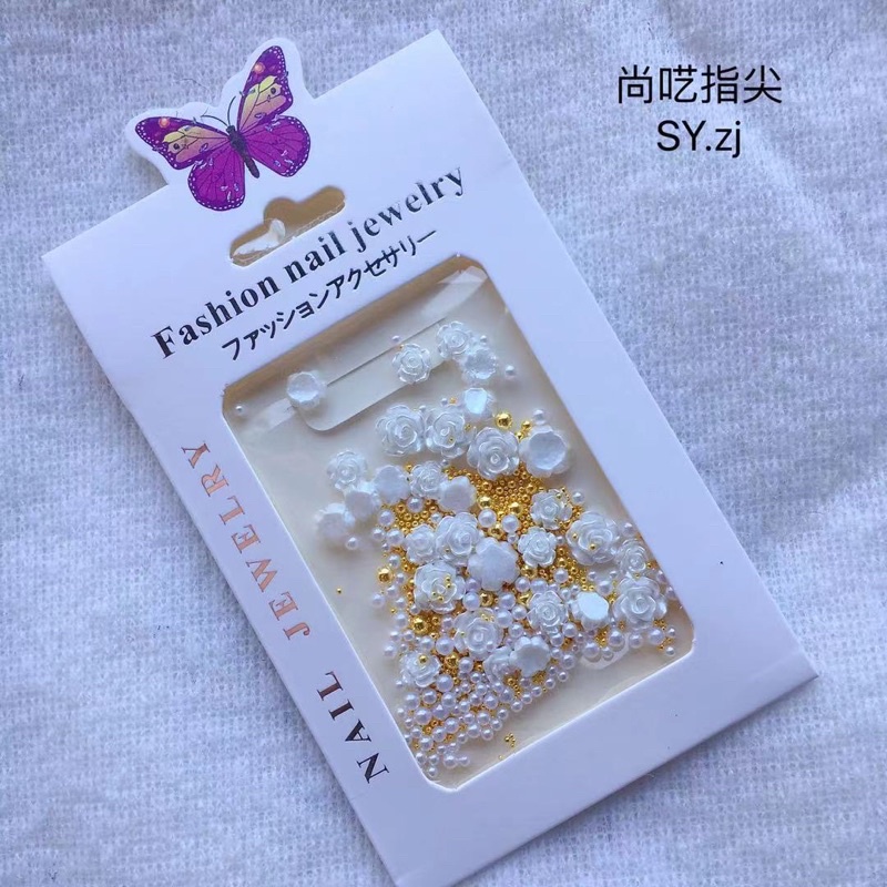 Túi charm hoa hồng trắng mẫu mới, phụ kiện nail đẹp