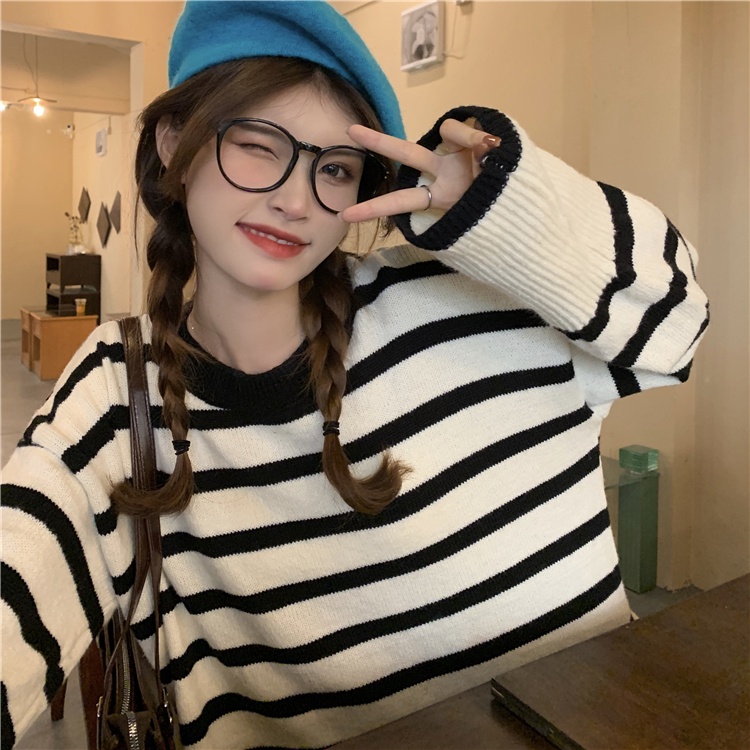 Áo sweater ZHELIHANGFEI tay dài dáng rộng thiết kế xẻ tà bên hông họa tiết kẻ sọc ngang thời trang trẻ trung