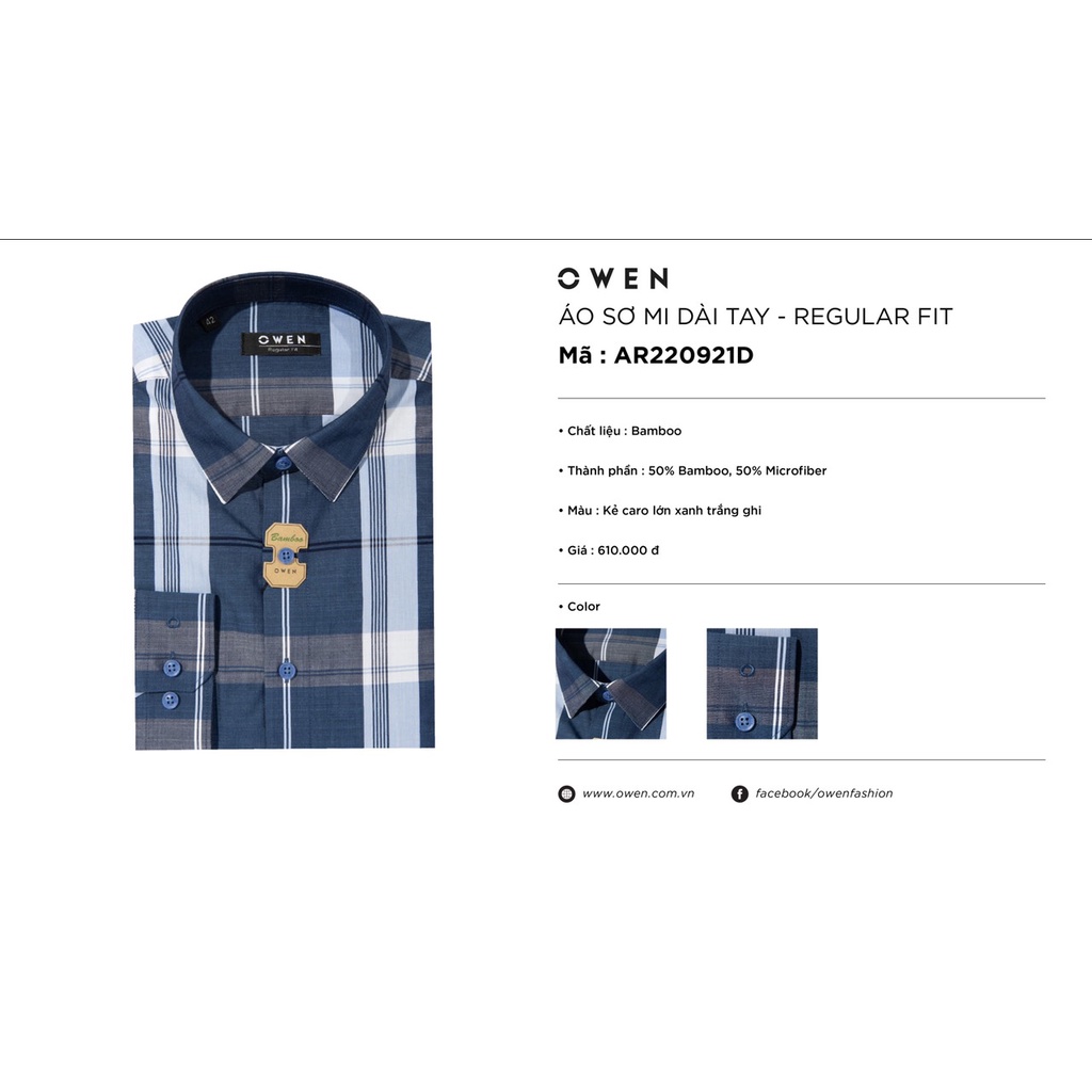 Áo Sơ Mi Nam Dài Tay OWEN AR220921D Somi Công Sở Vải Sợi Tre Cao Cấp Màu Caro Lớn Xanh Trắng Ghi Dáng Suông Không Túi