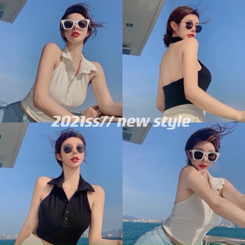 Áo Lửng Không Tay Cổ Tim Phong Cách Quyến Rũ Cho Nữ♥️ Áo Croptop Polo cài nút Hở lưng { Hình +clip thật 1000% }