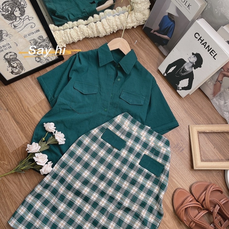 SET ÁO SƠ MI XANH+ CHÂN VÁY CARO MIDI