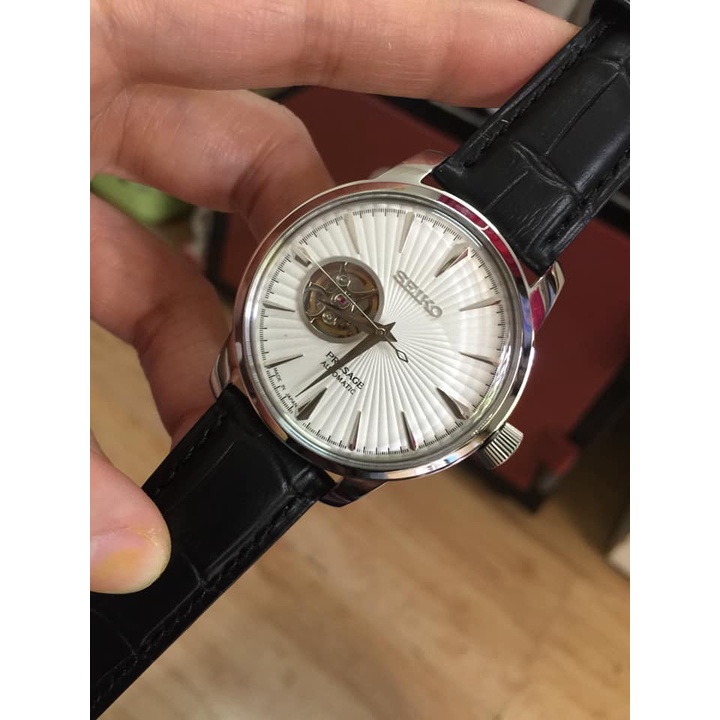 Đồng hồ Nam seiko hở vành tóc chạy cơ automatic mặt trắng vỏ trắng dây da máy Nhật 40mm