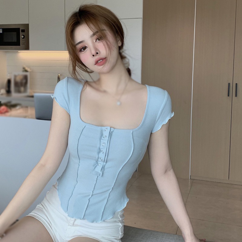 Áo Thun Tay Ngắn Cổ Chữ U Màu Sắc Trơn Phong Cách Hàn Quốc Thời Trang Cho Nữ