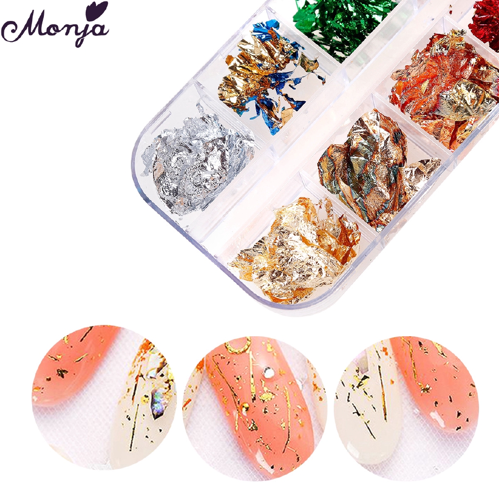 MONJA Hộp Lá Nhôm 12 Ô Nhiều Màu Trang Trí Móng Tay Nghệ Thuật