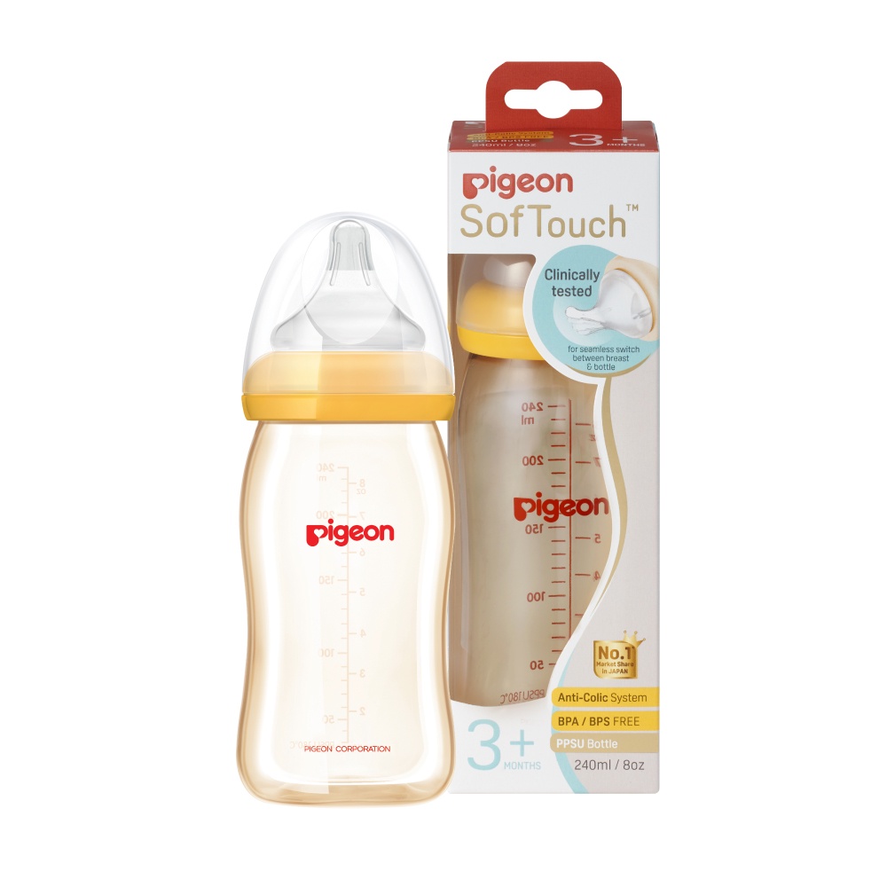 [Mã BMBAU50 giảm 7% đơn 99K] Bình sữa Pigeon 160ml / 240ml cổ rộng PPSU Plus với núm vú silicone siêu mềm Plus