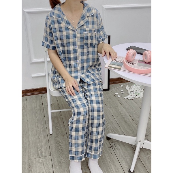 Bộ pijama bộ mặc nhà chất đũi thô cao cấp bộ đồ cho nữ hoạ tiết kẻ basic cute dễ thương
