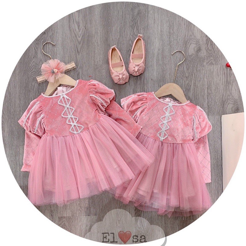 Váy bé gái ren babydool- Chất nhung dập kim tuyến cực sang chảnh