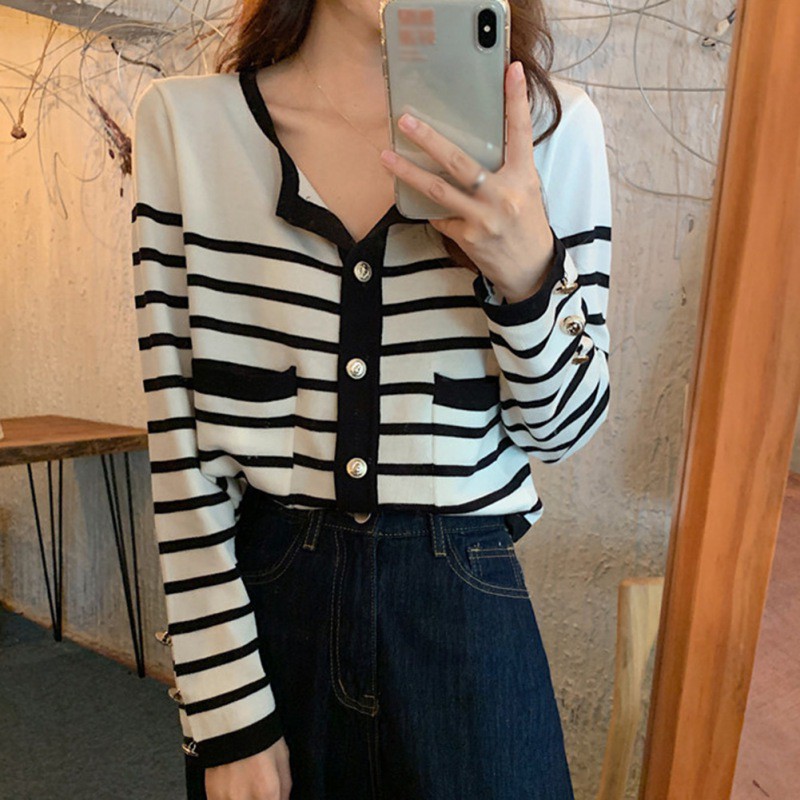Áo Khoác Len Cardigan Dáng Rộng Kẻ Sọc Ngang Trẻ Trung Hợp Thời Trang