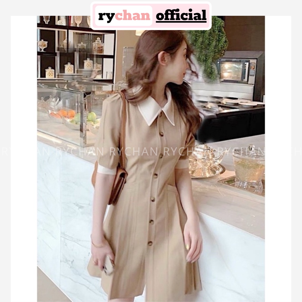 Đầm Nữ Dự Tiệc Form Ngắn Cổ Trắng Nút Đen Bo Eo Cực Đẹp, Đầm Kem Phối Viền Trắng Lạ Mắt [ẢNH THẬT CUỐI] - DX9775