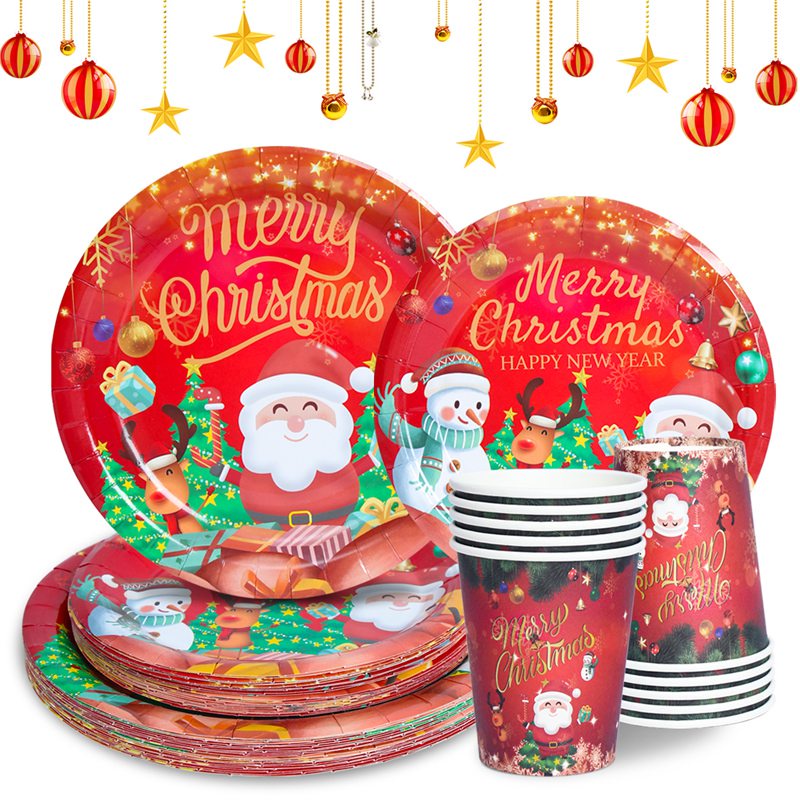 Bộ Cốc Đĩa Dùng Một Lần In Hình Ông Già Noel Màu Đỏ Đen Cổ Điển Dùng Trang Trí Bàn Ăn Dịp Giáng Sinh 2023