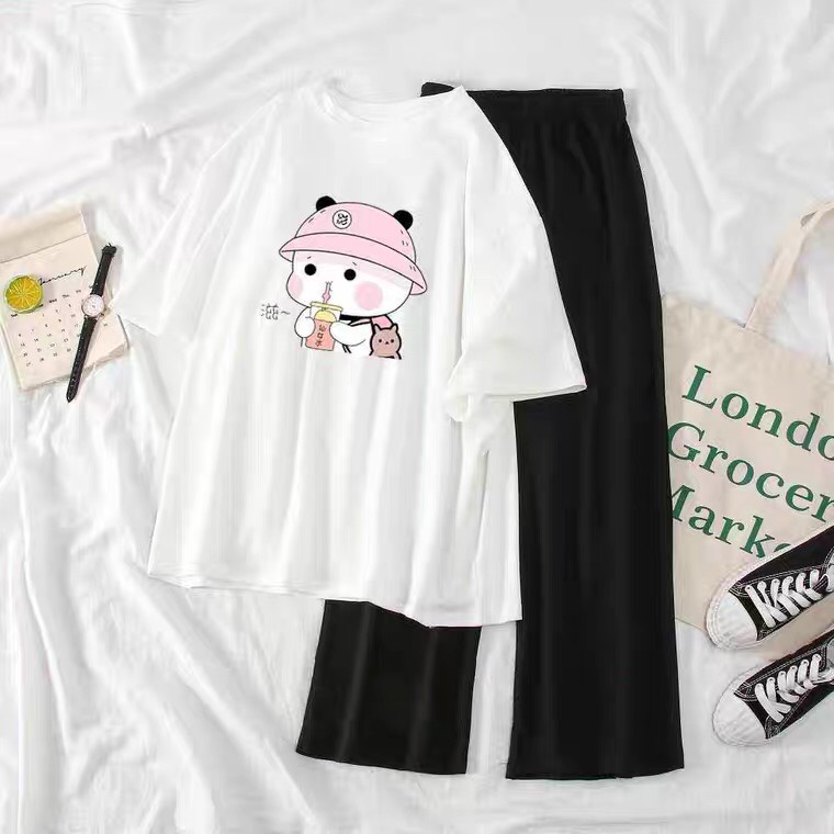 Sét Áo Gấu đội mũ + quần suông, Áo thun from rộng, Chất đẹp không xù, Sét bộ mặc ở nhà - MODY