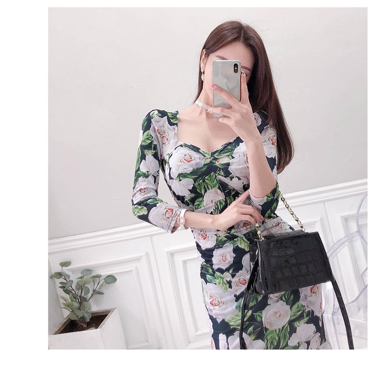 Đầm tay dài dáng ôm đuôi cá hoa lá mix màu xanh