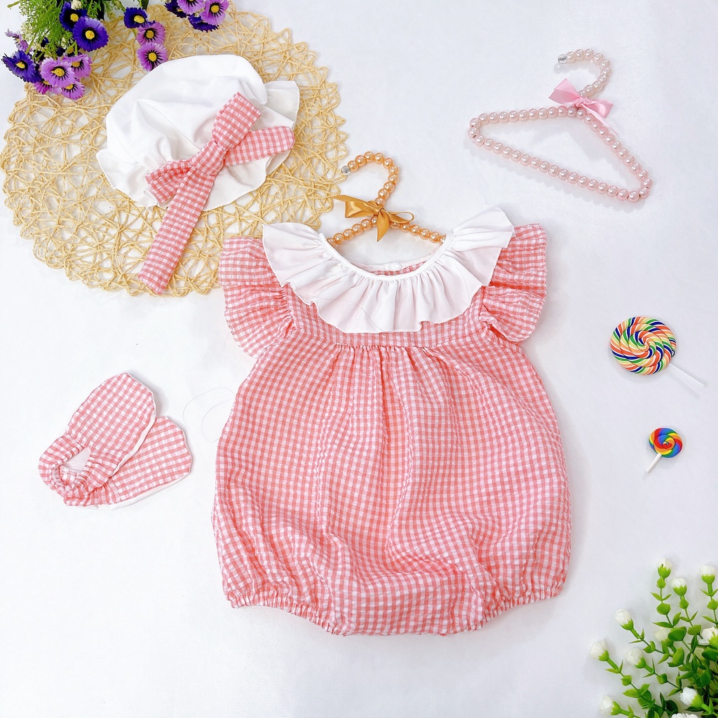 Bộ body caro hồng với thiết kế cổ xòe tròn, tay cánh tiên siêu đẹp, thân body bầu bĩnh đáng yêu SIZE: 3-12kg