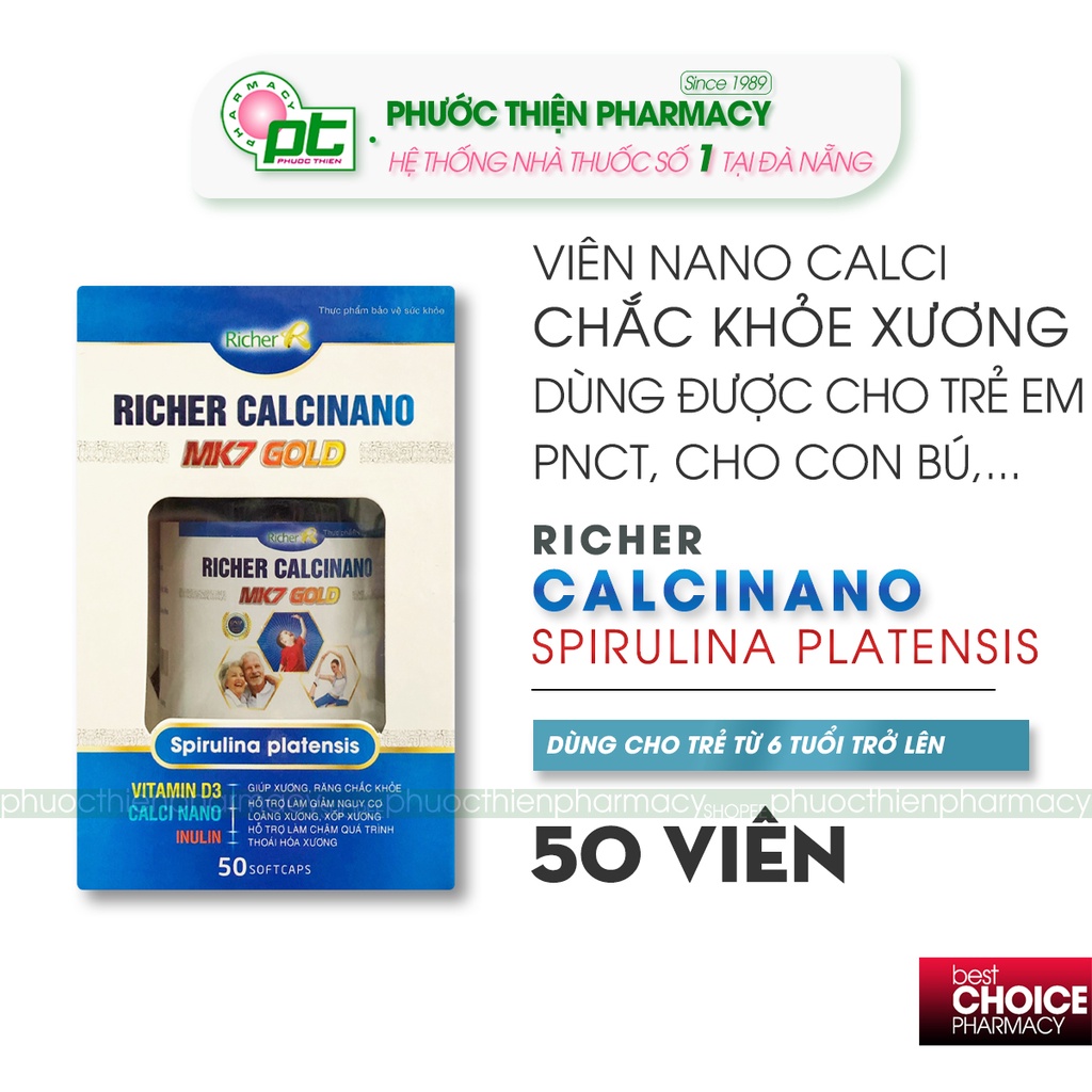 Viên uống canxi nano Richer Calcinano MK7 Gold Lọ 50 viên nang mềm - Nanocanxi mk7