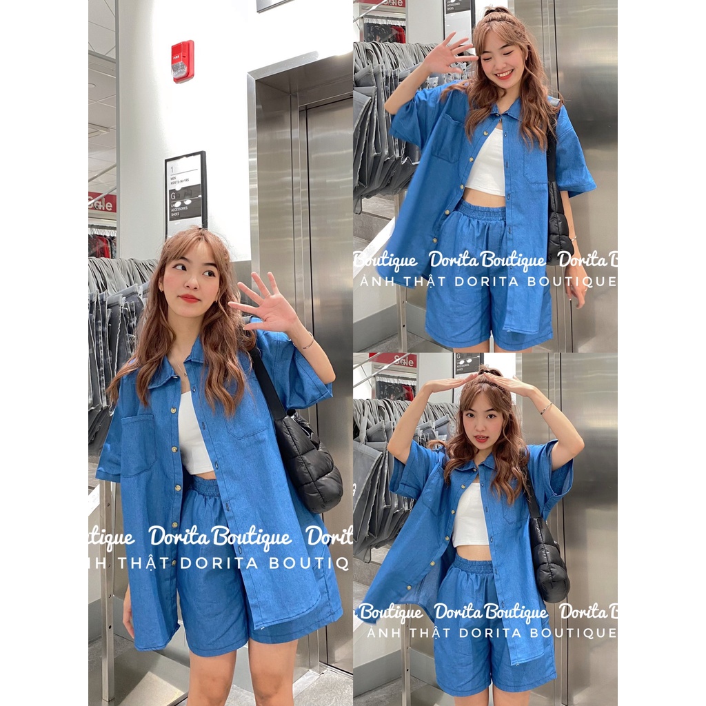 Áo sơ mi kèm quần short Jean năng động, Set Jean năng động Hàn Quốc - Dorita Boutique