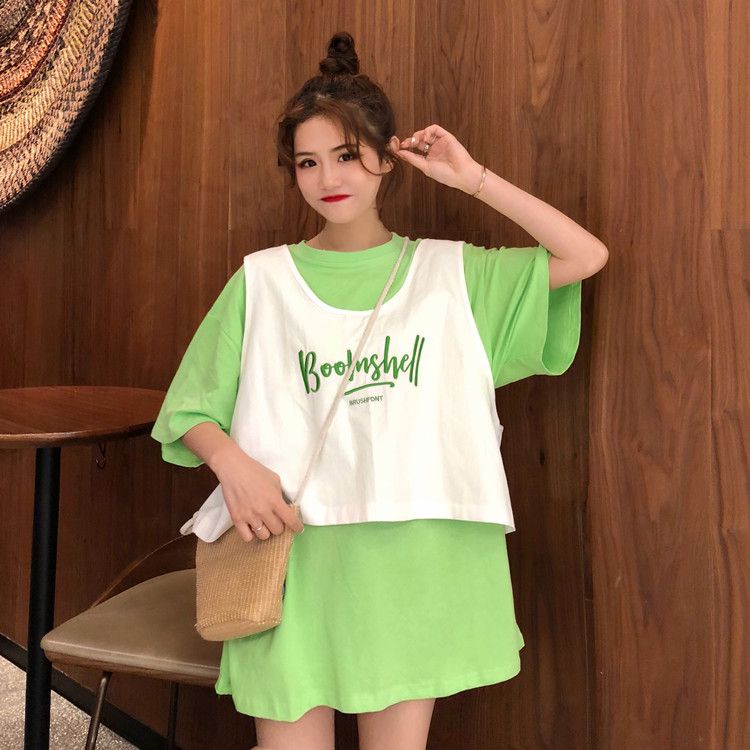 Set Áo Thun Tay Ngắn + Áo Thun Sát Nách Dáng Rộng Thêu Chữ Phong Cách Hàn Quốc Thời Trang Mùa Hè 2022 Cho Nữ