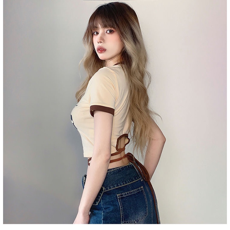 Áo croptop MMIOT tay ngắn cổ tròn thoáng khí in họa tiết thời trang cổ điển đường phố Mỹ đơn giản cho nữ