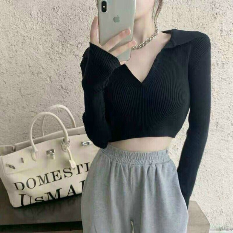 Áo Croptop Cổ V Tay Dài CT27 Chất Thun Gân Co Giản, Hàng Chuẩn Đẹp kiểu dáng Ulzzang