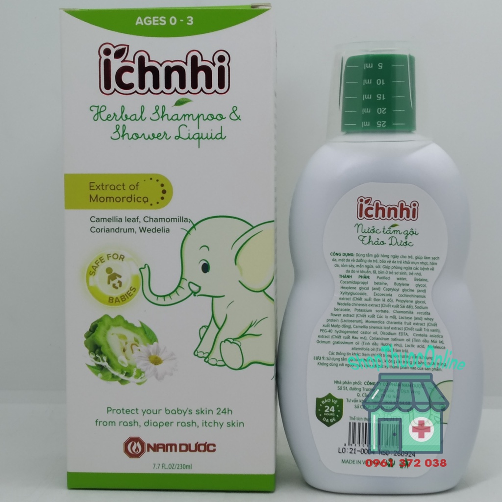 Nước tắm gội thảo dược Ích nhi cho bé từ 0-3 tuổi chai 230ml