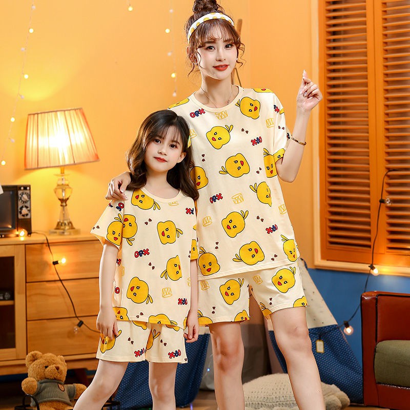 đồ bộ ngắn tay, bé gái điều hòa cotton tinh khiết, bố mẹ - trẻ em mỏng, mặc nhà vàrt