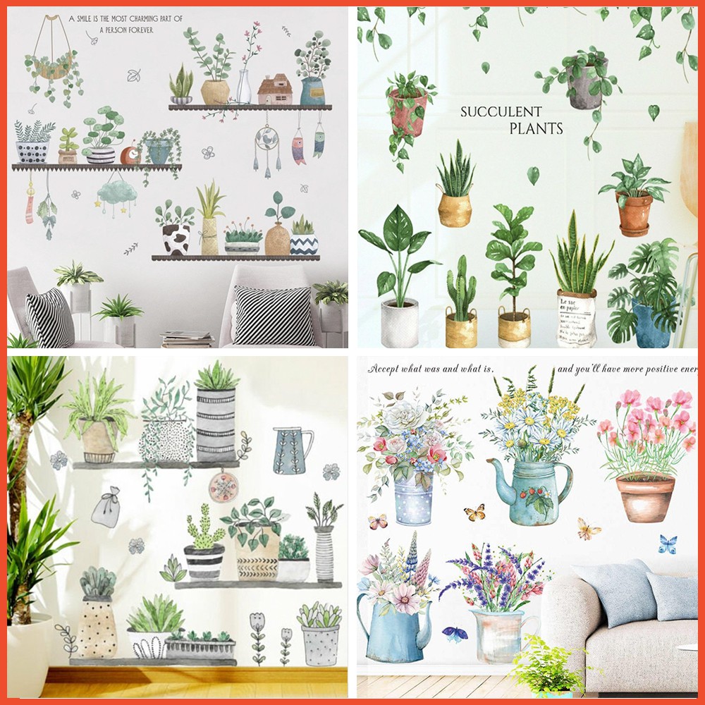 Decal dán tường chậu cây trang trí phòng khách, phòng ngủ - Giấy dán tường có keo sẵn không thấm nước - Tặng kèm keo sữa