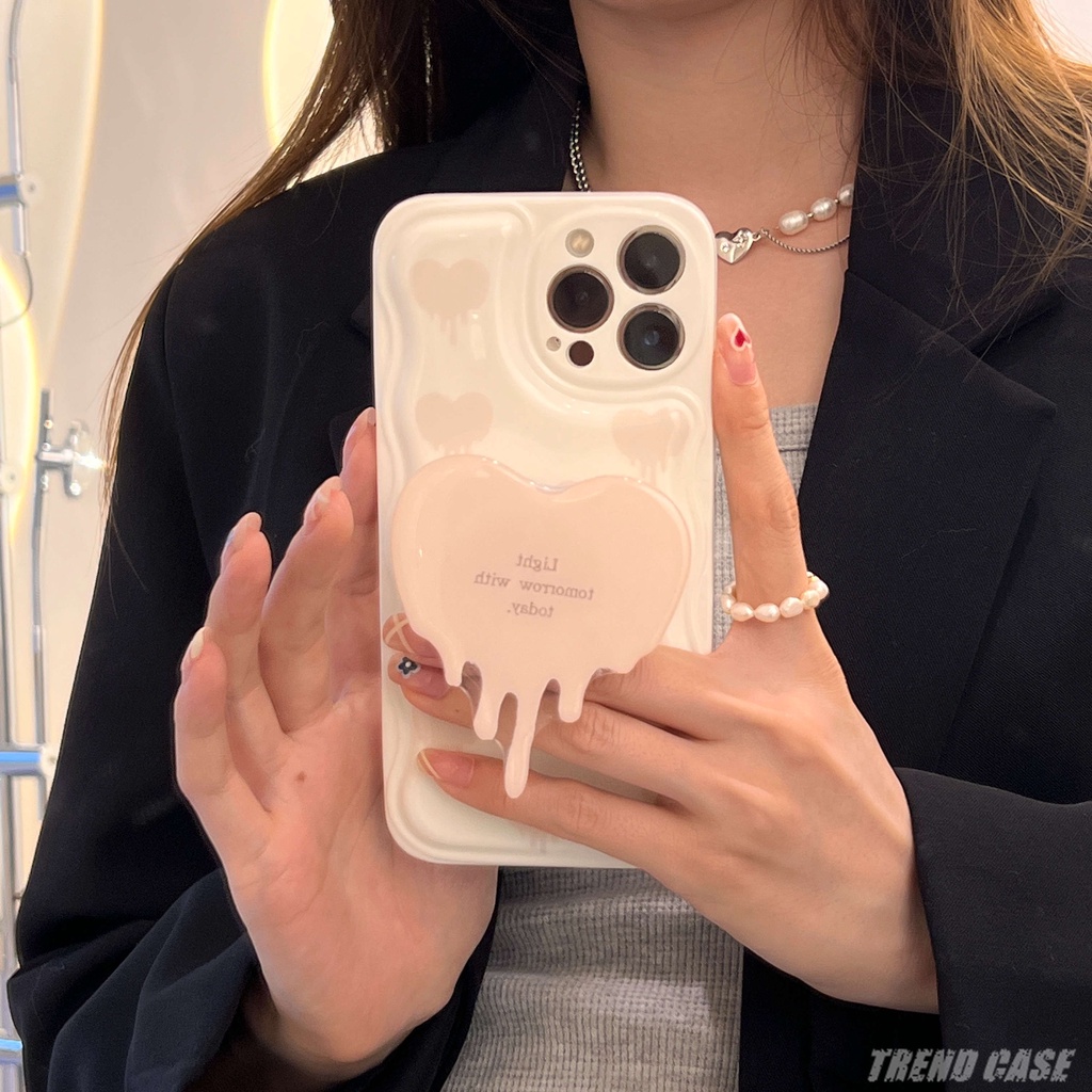 Ốp Điện Thoại Dẻo Màu Hồng Họa Tiết Trái Tim Kiểu Hàn Quốc Kèm Giá Đỡ Cho iPhone 11 12 Pro XS Max X XR
