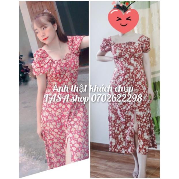 TBL Ảnh thật-Đầm maxi tay phồng cổ vuông nhún ngực xẻ tà hoa nhí form dài có mút ngực hoạ tiết bông tiểu thư