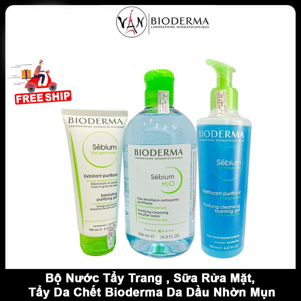 [Combo Bioderma ] Nước tẩy trang Bioderma 500ml, sữa rửa mặt 200ml & tẩy tế bào chết 100ml dành cho da dầu nhờn mụn