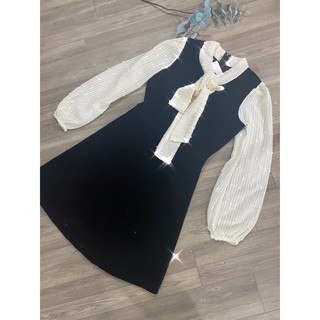 Váy nhung tay sơ mi cổ nơ