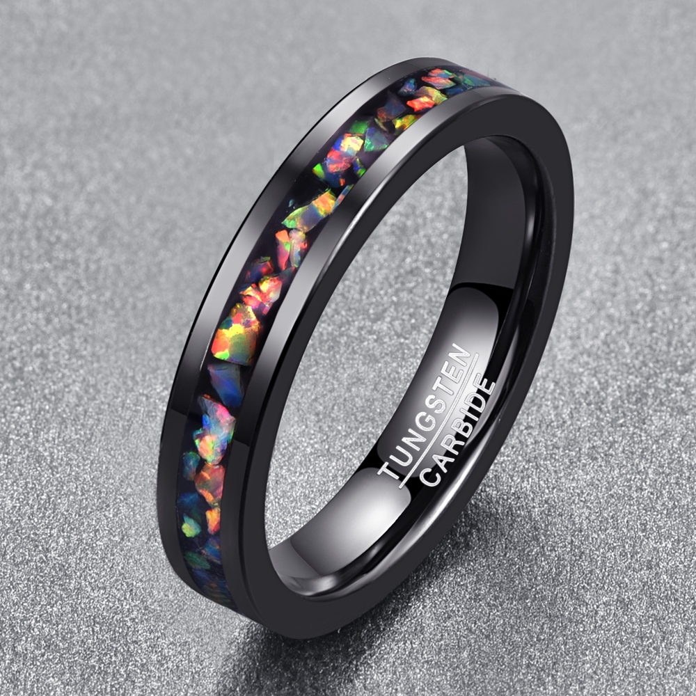 Nhẫn Cưới Màu Đen Đính Đá Opal Nhiều Màu 4mm Kích Thước Vừa Vặn Thoải Mái Cho Nam Và Nữ 5-12