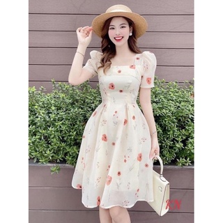 Váy tơ hoa cam cổ vuông chiết eo hàng 2 lớp